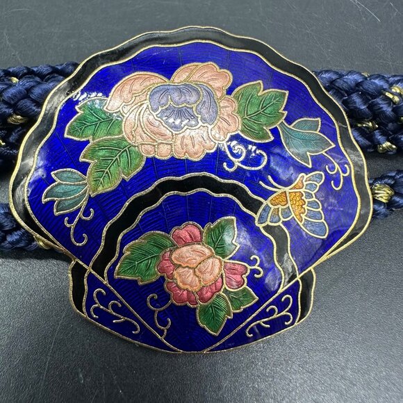 Vintage Braided Rope Belt Floral Enamel Seashell Buckle Gold Accents Asian Style - Picture 3 of 9